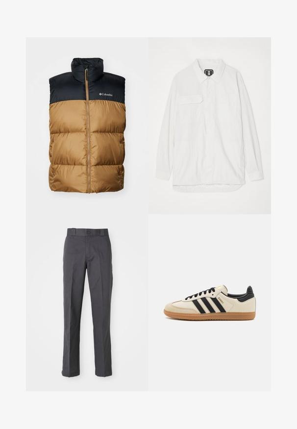 Columbia PUFFECT VEST - Vesta - delta/black; Biela košeľa na gombíky vyrobená z textúrovanej látky, s golierom, dvoma prednými vreckami a zakriveným hemom, ktorý je na chrbte mierne dlhší.; Tmavošedé nohavice vyrobené z bavlneného zmesi, s rovnými nohavicami, prednými vreckami a gombíkovým zapínaním v oblasti pásu.; Béžová športová obuv s čiernymi pruhmi, gumovou podošvou a čiernymi akcentami. Má hladký kožený zvršok a zaoblený dizajn prstov.