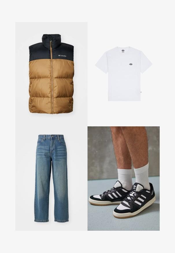 Columbia PUFFECT VEST - Waistcoat - delta/black; White cotton t-shirt with short sleeves, featuring a small black logo on the chest and a tag on the bottom left corner.; Light blue denim wide-leg jeans with a high waist, five pockets, and a slightly faded finish. Features a button and zipper closure.; Black and white sneakers with a suede and leather upper, featuring three white stripes, a perforated toe, and a gum rubber sole.