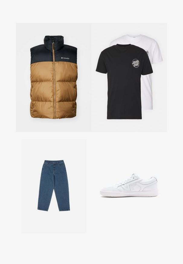 Columbia PUFFECT VEST - Weste - delta/black; Zwei-T-Shirts-Pack: eines schwarz, eines weiß. Beide haben kurze Ärmel und ein kreisförmiges Logo auf der Brust in kontrastierender Farbe. Aus Baumwollmaterial.; Blaue Jeans aus Denim mit entspannter Passform, hoher Taille, Fünf-Taschen-Design und gesteppter Akzente. Mit einem Knopf- und Reißverschluss ausgestattet.; Weiße Ledersneaker mit niedrigem Design, runder Spitze, perforierten Details und einer strukturierten Sohle. Schnürsenkel und subtile Nähte sind enthalten.