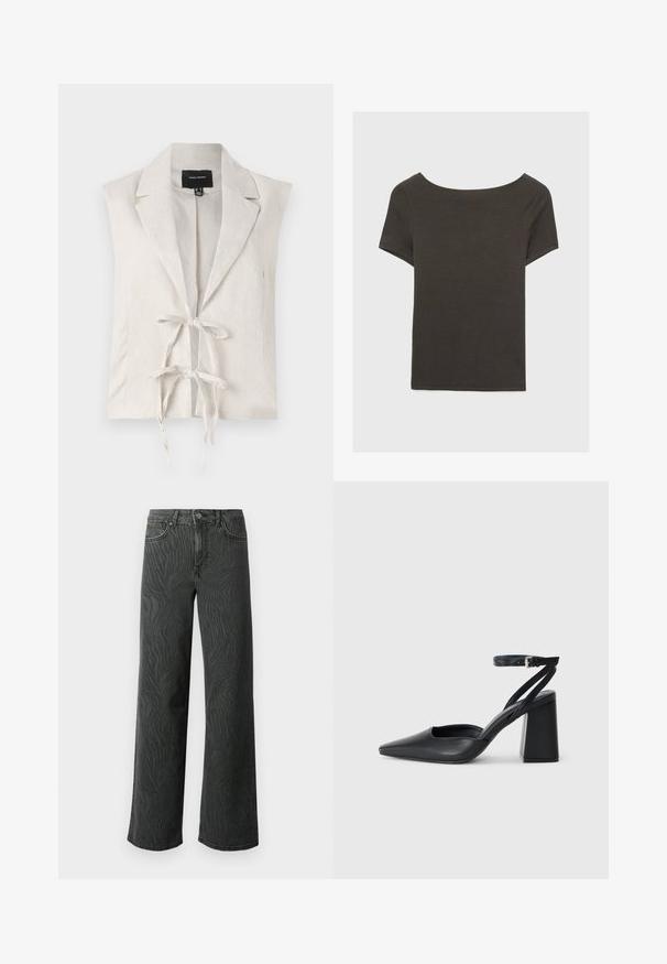 Beżowa kamizelka bez rękawów o teksturowanym wykończeniu, z klapami i zapięciem na kokardkę z przodu. Wykonana z lekkiego materiału.; Czarna szara bluzka z krótkim rękawem i dekoltem w kształcie łódki. Wykonana z prążkowanej tkaniny, ma luźny krój i czyste wykończenie. Prosty design, bez wzorów.; Jeans o szerokich nogawkach w ciemnoszarym denimu, z subtelną fakturą w zebry, kontrastowym przeszyciem i pięci Pocket designem z zapinaniem na guzik.; Czarne skórzane czółenka z ostrym noskiem, z paskiem na kostce i grubym obcasem. Gładka faktura, elegancki design i minimalistyczna estetyka.