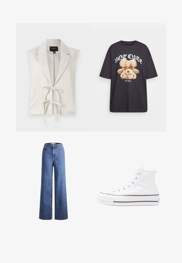 Sleeveless cream vest with a textured finish, featuring a notched collar and front tie closure. Made from lightweight material.; Black oversized t-shirt featuring a graphic of a bear with the text “NOT CUTE BUT WILD” in bold, white lettering. Cotton material.; Light blue denim wide-leg jeans with a high waist, two front pockets, and visible stitching. Features a button and zipper closure.; White high-top canvas sneaker with black rubber sole, front rubber toe cap, and six eyelets for laces, featuring a clean, minimalist design.