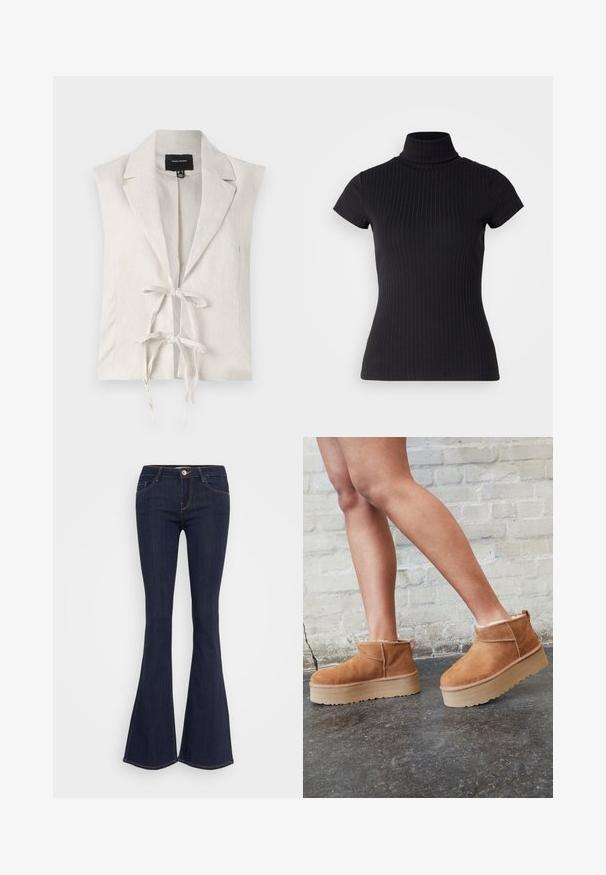 Varrukatet kreemivärvi vest, millel on tekstuuriga viimistlus, sissetõmbe äärega krae ja ees kinnitamiseks sõlmadega. Valmistatud kergetest materjalidest.; Must musta, lühikeste varrukatega kõrge kaelusega turtleneck särk, valmistatud ribakanga materjalist, millel on õhuke lõige ja kõrge kaelus. Lihtne ja tekstuurne muster.; Tumedast denimist valmistatud flared teksad, millel on sobiv puusavöö, eesmine nööbikinnitus, viie taskuga disain ja õmblusest detailid jalgadel.; Pruunist seemsest valmistatud pahkluu saapad, millel on pehme vooder, paks beež platvormi konts ja tagumine tõmblukk. Tekstureeritud pind nähtavate õmbluse detailidega.