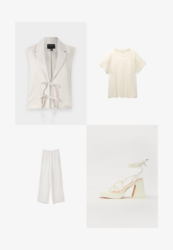 Bezrukávový krémový top s textúrovaným povrchom, s vykrojeným golierom a predným zapínaním na viazanie. Vyrobené z ľahkého materiálu.; Svetlo béžové tričko s krátkym rukávom a okrúhlym výstrihom, vyrobené z jemnej, hladkej tkaniny. Má voľný strih a rovný lem.; Biele široké nohavice vyrobené z ľahkej tkaniny. Obsahujú elastický pás so sťahovacou šnúrkou a bočné vrecká. Hladká textúra.; Biele sandále na vysokom opätku s hrubým podpätkom, s pruhovaným dizajnom a viazaním na členku. Hladký povrch s platformou vpredu pre zvýšenú výšku.