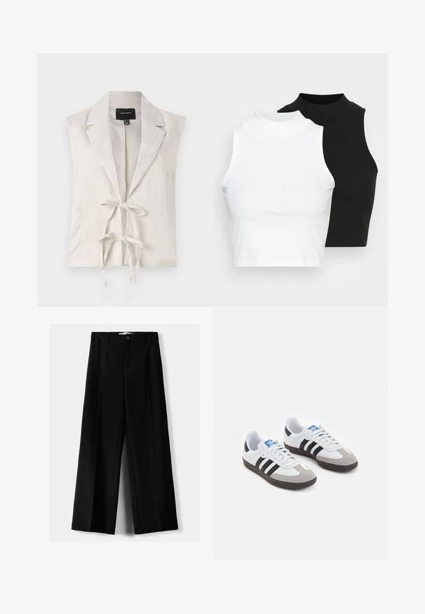 Sleeveless cream vest with a textured finish, featuring a notched collar and front tie closure. Made from lightweight material.; Two sleeveless ribbed turtleneck tops in black and white, featuring a fitted design and smooth texture, with cropped length.; Black wide-leg trousers made of lightweight fabric, featuring a front button closure and flat front, with neatly stitched hems.; Sport shoes with a white leather upper, gray suede toe, and three black stripes. Features a blue logo on the tongue and a textured rubber sole.