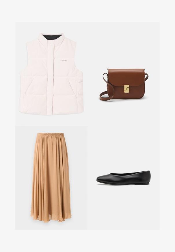 Světle růžová prošívaná vesta s vysokým límcem, předním zapínáním a dvěma postranními kapsami. Obsahuje černou podšívku a malou logo na přední straně.; Světle béžový zkrácený svetr s doplňkovým zipem a imitací límce, zdobený texturovaným vzorem a pletenými manžetami a lemem. Kombinuje pletené a tkané materiály.; Maxi sukně ve světle béžové barvě, vyrobená z lehké tkaniny. Má nařasený elastický pas a jemné sklady pro pohodlný pohyb.; Paul Smith TOPANGA - Klasické baleríny - black; Hnědá kožená kabelka s klopou, zlatými kovovými detaily, ramenním popruhem a hladkým povrchem. Kompaktní obdélníkový tvar.
