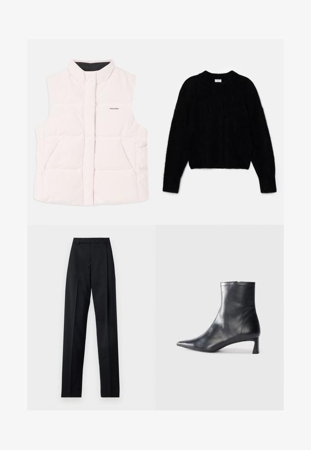 Svetloružová prešívaná vesta s vysokým golierom, predným zapínaním a dvojicou bočných vreciek. Má čierne vnútorné podšívku a malé logo na prednej strane.; Čierny krátky sveter vyrobený z nadýchaného materiálu. Má okrúhly výstrih a dlhé rukávy s jemnou textúrou. Minimalistický dizajn, žiadne vzory.; Čierne nohavice vyrobené z hladkej látky s vysokým pásom, širokými nohavicami, prednými záhybmi a klasickými pútkami na opasok. Žiadne bočné vrecká nie sú viditeľné.; Čierne kožené členkové topánky s špicatou špičkou a elegantným dizajnom. Majú nízky podpätok a zips na zadnej strane. Hladká textúra.