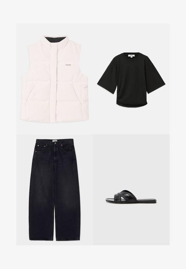Light pink padded vest with high collar, front opening, and two side pockets. Features black interior lining and small logo on the front.; Black short-sleeve t-shirt made of soft cotton, featuring a round neckline and a relaxed fit with a subtle gathered detail at the side.; Wide-leg black denim jeans with copper buttons, two front pockets, and a smooth texture. Clean design with a straight cut.; Black slide sandals with a smooth leather finish, featuring crisscross straps and cut-out details, and a flat, flexible sole.