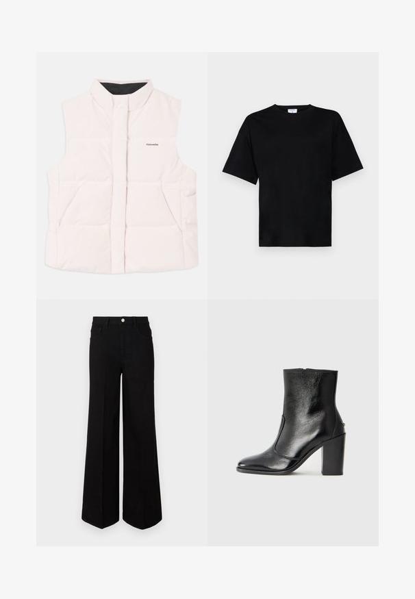 Šviesiai rožinė paminkštinta liemenė su aukštu apykakle, priekiniais atidarymais ir dviem šoninėmis kišenėmis. Yra juodas vidinis pamušalas ir mažas logo priekyje.; Juodas trumpas rankovės marškinėliai laisvu siluetu, pagaminti iš minkštos medžiagos, su apvalia iškirpte ir be ryškių raštų ar akcentų.; Juodi plačiakojai džinsai, pagaminti iš tvirto audinio, su aukštu juosmeniu, priekinėmis kišenėmis ir priekiniais mygtukais. Lygus hem pastatytoje apačioje.; Juodas odinis kulkšninis batas su lygiu paviršiumi, smailiu pirštu ir masyviu aukštu kulnu. Savybė - šoninis atidarymas ir minimalistiškas dizainas.
