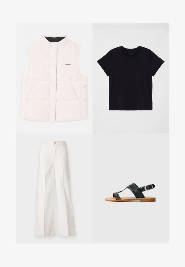 Helles rosa gefütterte Weste mit hohem Kragen, frontaler Öffnung und zwei Seitentaschen. Verfügt über eine schwarze Innenauskleidung und ein kleines Logo auf der Vorderseite.; Schwarzes Kurzarm-T-Shirt aus weicher Baumwolle. Klassisches Rundhalsausschnitt-Design mit einer einfachen, ungeschmückten Oberfläche und einem lockeren Schnitt.; Weiße weite Hosen aus Baumwolle mit glatter Textur. Sie verfügen über einen vorderen Knopf, einen Reißverschluss und ein Design mit vier Taschen.; Schwarze Ledersandale mit verstellbarem Schnallenverschluss, flacher sandfarbener Sohle und zwei breiten Riemen, die über den Fuß laufen, minimalistisches Design.