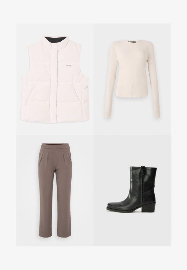 Lyserød polstret vest med høj krave, åben foran og to sidelommer. Har sort indvendig foer og lille logo på fronten.; Langærmet, lys beige top med rund halsudskæring. Lavet af blødt stof, har en central søm og let buet kant. Der er ingen synlige metaldele.; Taupe løs-fit bukser med elastisk talje og frontfald, lavet af glat stof.; Sort læder ankelstøvle med rundt tå, blokhæl, lynlås i siden og stikninger på vampsiden. Glat tekstur, klassisk design.