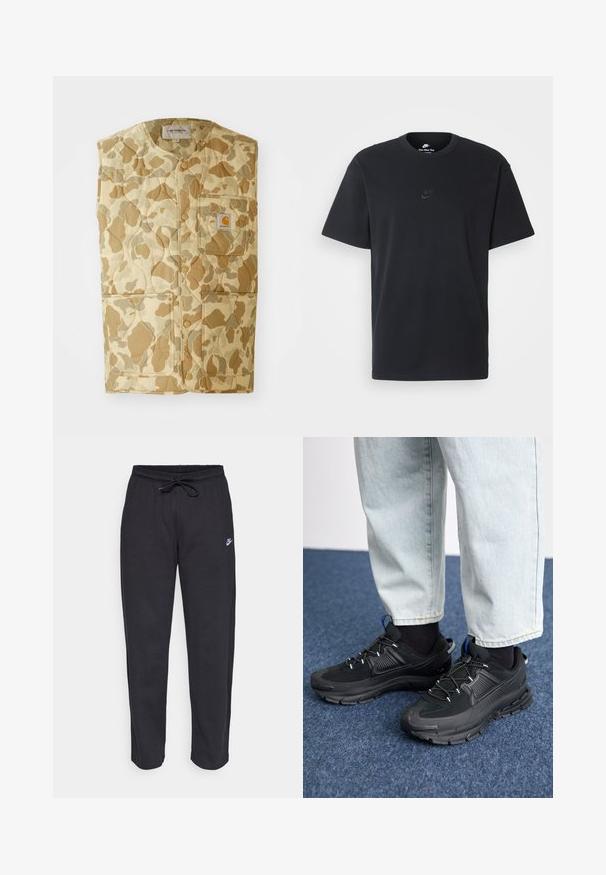 Quilted, sleeveless vest in a beige camouflage pattern. Includes a chest pocket with a logo and two large side pockets. Material appears durable.; Nike black cotton t-shirt with a classic crew neck, short sleeves, and a subtle, embossed logo on the chest. Smooth texture.; Black sweatpants made of soft fabric with an elastic waistband, drawstring, and a small Nike logo on the left thigh.; Black athletic shoes with textured fabric and rubber soles, featuring elastic laces and a blue accent on the heel. Worn with light denim pants.