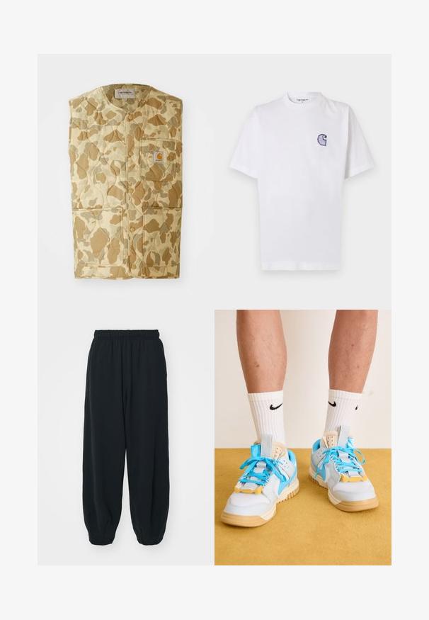 Töltött, ujjatlan dzseki bézs álcázó mintával. Tartalmaz egy mellzsebet logóval és két nagy oldalzsebet. Az anyagnak tartósnak tűnik.; Fehér pamut póló rövid ujjakkal, kerek nyakkivágással és egy kis, hímzett kék "C" logóval a bal mellrészen.; Fekete, rugalmas derékpántos melegítőnadrág, laza fit, véget érő szárakkal, sima textúrával, látható minták vagy hardver díszek nélkül.; Világoskék sportcipők bézs talppal, hangsúlyos türkizfűzőkkel és sárga kiegészítőkkel. Texturált anyagok és látható lég párnázás.