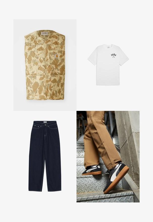 Kamizelka bez rękawów pikowana w beżowy wzór kamuflażu. Zawiera kieszeń na piersi z logo oraz dwie duże kieszenie boczne. Materiał wydaje się trwały.; Biała bawełniana koszulka z krótkim rękawem i okrągłym dekoltem, z czarnym nadrukowanym logo na klatce piersiowej. Prosty, klasyczny design.; Granatowe dżinsowe spodnie z szerokimi nogawkami, z kontrastowym przeszyciem, przednimi kieszeniami i zapięciem na guziki. Czysty, prosty krój bez ozdób.; Czarne i szare zamszowe sneakersy z białymi akcentami i gumowymi podeszwami, noszone na brązowych spodniach podczas wspinania się po metalowych schodach.