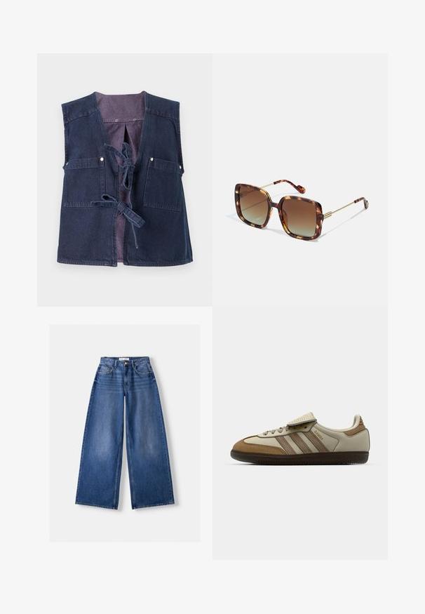 Jeansweste in Dunkelblau mit tiefem V-Ausschnitt, zwei Vorderaschen und einem Bindebandverschluss. Mit einer kontrastierenden Innenausstattung.; Weißes, kurzes T-Shirt mit einem blauen Schmetterlingsmotiv und dem Text "Breathe Baby Breathe". Hergestellt aus weicher Baumwolle, mit rundem Halsausschnitt und kurzen Ärmeln.; Bershka WIDE-LEG - Wide Leg - dark blue; Braune und cremefarbene Sportschuhe mit drei beigefarbenen Streifen, aus Wildleder und Leder gefertigt, Schnürdesign und Gummisohle. Textlogo an der Seite.; Braune Schildpatt-Sonnenbrille mit quadratischer Form, abgedunkelten Gläsern und goldenen Metalldetails an den Schläfen und Bügeln. Texturierte Oberfläche.