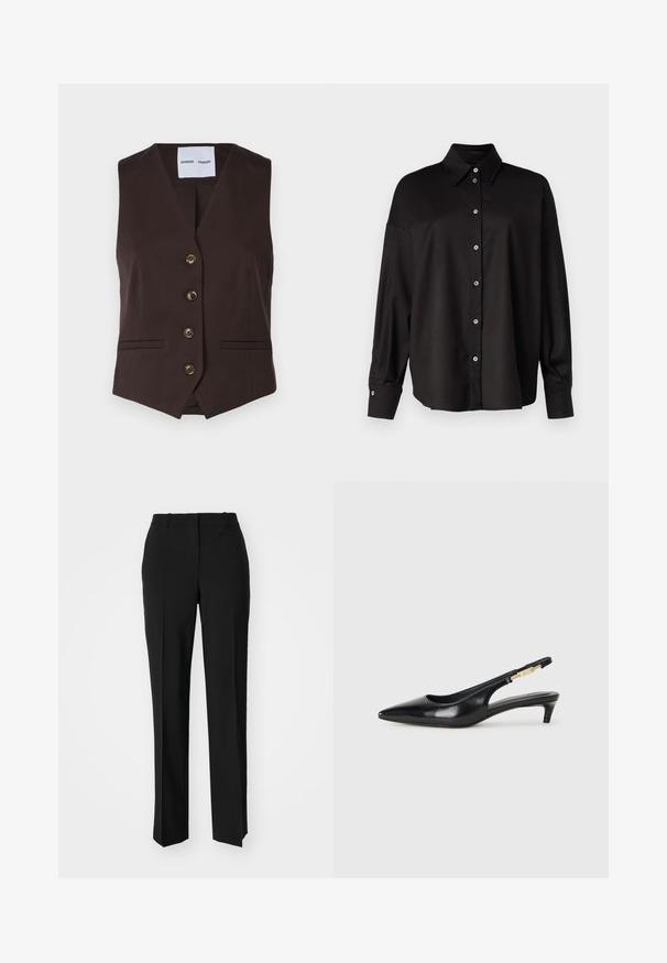 Samsøe Samsøe RAMONA brązowy; DRYKORN LYSILA czarny; Czarne spodnie o dopasowanym kroju z prostymi nogawkami, o gładkiej fakturze i wyraźnych zagięciach z przodu. Bez widocznych elementów metalowych.; Czarne skórzane szpilki typu slingback z ostrym noskiem, posiadające smukły obcas i złoty akcent na regulowanym pasku. Gładka tekstura.