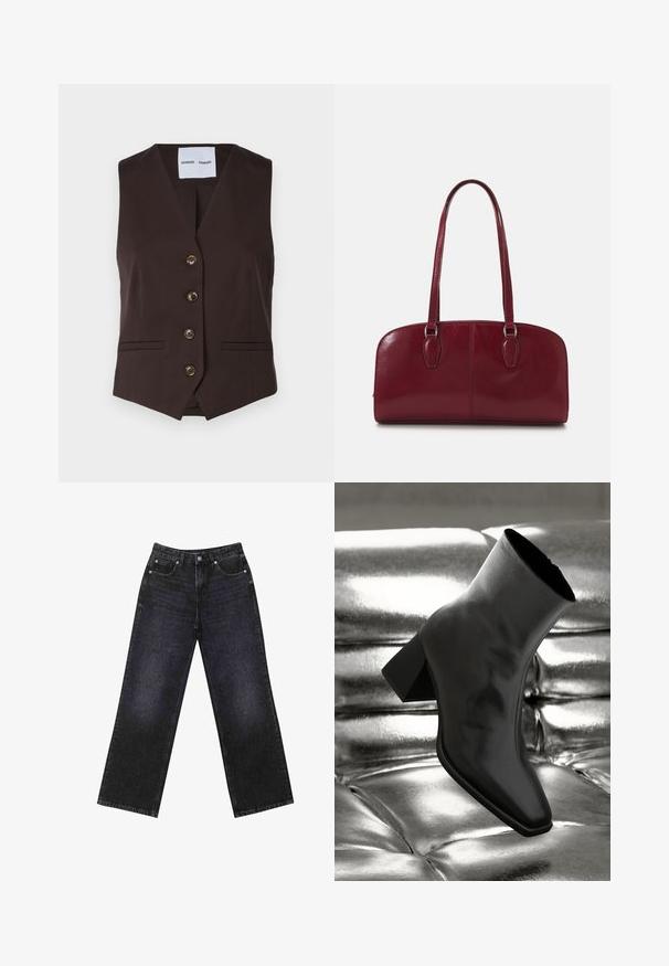 Samsøe Samsøe RAMONA - Weste - chocolate torte; Zwei Langarm-T-Shirts, eines schwarz und eines weiß, aus weichem Baumwollstoff, mit Rundhalsausschnitten und cropped Design.; Hoch taillierte schwarze Jeans aus Denim mit weitem Bein, Fünf-Taschen-Design und sichtbaren Nähten. Der Stoff hat eine glatte, leicht strukturierte Oberfläche.; Schwarzer Knöchelstiefel aus glänzendem Material mit quadratischer Zehenform und verjüngtem Absatz, vor einem glänzenden silbernen gepolsterten Hintergrund.; Zign LEATHER - Handtasche - dark red