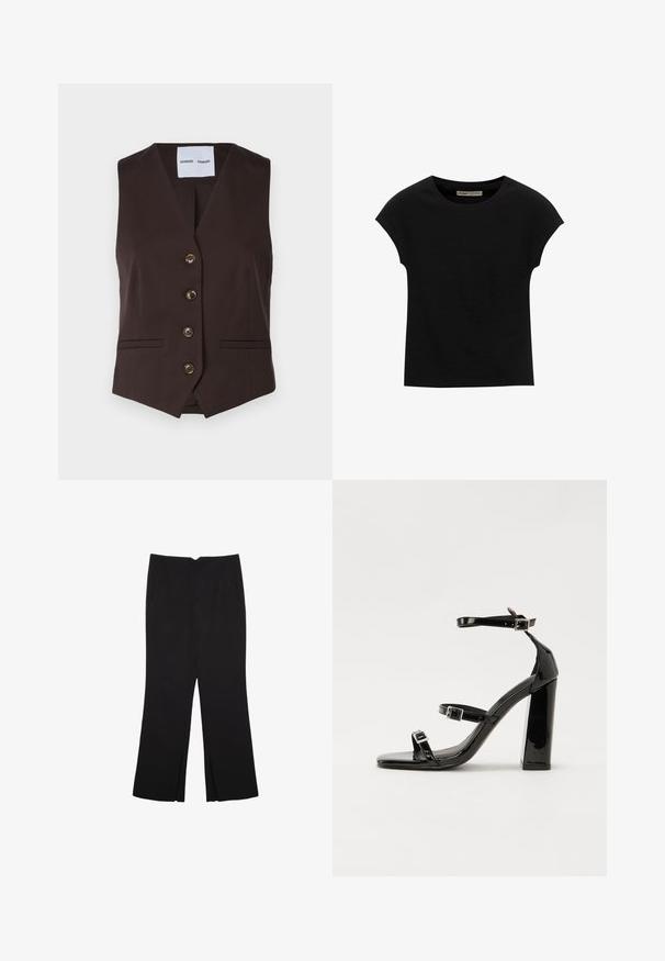 Samsøe Samsøe RAMONA - Weste - chocolate torte; Schwarzes Kurzarm-T-Shirt aus weichem Stoff, mit Rundhalsausschnitt und lockerer Passform, glatter Textur und ohne Muster.; Schwarze Hose mit geradem Schnitt, ausgestattet mit Fronttaschen und Seitenschlitzen am Saum. Hergestellt aus weichem, glattem Stoff. Geeignet für verschiedene Anlässe.; Schwarze patentierte Sandalen mit Absatz, quadratischer Spitze, Knöchelriemen und silbernen Schnallen. Mit einem stabilen Blockabsatz für mehr Stabilität.