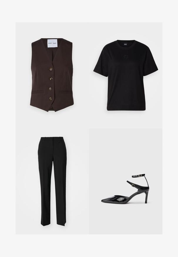 Samsøe Samsøe RAMONA - Waistcoat - chocolate torte; Black cotton t-shirt with a crew neckline, short sleeves, and an embroidered logo on the chest. Simple, relaxed fit with no patterns.; Black tailored trousers with a straight-leg design, featuring a smooth texture and crisp creases along the front. No visible hardware.; Black patent leather heels with a pointed toe, adjustable ankle straps, and a slender heel. Smooth texture with a shiny finish.