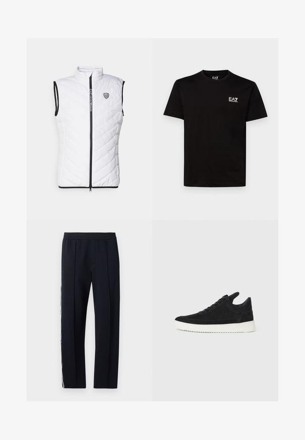 Λευκό αμάνικο γιλέκο puffer με ψηλό γιακά, διαμαντένιο κεντητό σχέδιο, μαύρο φερμουάρ και διακριτό λογότυπο στο στήθος.; Μαύρο βαμβακερό μπλουζάκι με κλειστή λαιμόκοψη, κοντά μανίκια και μικρό λευκό λογότυπο EA7 στο αριστερό στήθος. Λείος υφή και κανονική εφαρμογή.; Μαύρο, στενό παντελόνι με ελαστική μέση, διαθέτοντας δύο πλαϊνές τσέπες και μια λευκή γραμμή που τρέχει κατά μήκος του εξωτερικού ποδιού. Λείος υφάσματος.; Μαύρο σουέτ αθλητικό παπούτσι με λευκή καουτσούκ σόλα, με τόνο ραφές και σχέδιο με κορδόνια. Λείος υφή με μοντέρνα, αεροδυναμική γραμμή.