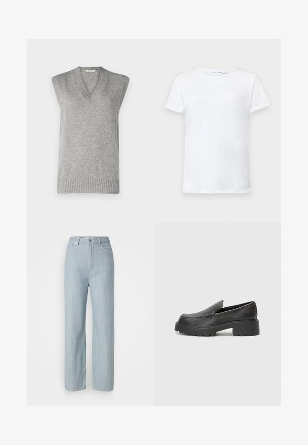 Szürke, ujjatlan kötött pulóver V-nyakkal, bordás aljjal és puha textúrával, amely ideális rétegezéshez különböző ruhák felett.; Fehér, rövid ujjú póló, pamutból készült, kerek nyakkivágással. Sima textúrájú, egyenes vonalú, minta vagy díszítés nélkül.; Világoskék egyenes szárú farmernadrág. Öt zsebbel, fém gombos záródással és finom kopási hatással a textúra érdekében rendelkezik.; Fekete bőr loafer cipők kerek orral, vastag, texturált talppal és minimális varrási részletekkel. Áramvonalas dizájn, látható fűzők vagy fém részek nélkül.
