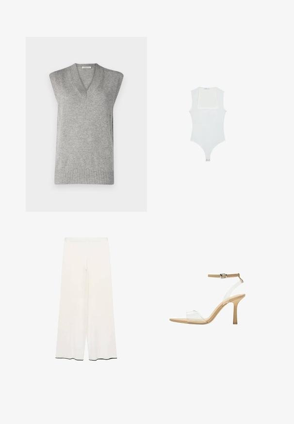 Grau ärmelloser Strickpullover mit V-Ausschnitt, ausgestattet mit einem gerippten Saum und einer weichen Textur, ideal zum Überziehen über verschiedene Outfits.; Weißer Body mit quadratischem Ausschnitt, ärmellosem Design, glatter Textur und Druckknopfverschluss am Boden. Schlichter und minimalistischer Stil.; Cremfarbene Hose mit weitem Bein aus einem glatten Stoff. Verfügt über einen klaren Bund und schwarzen Besatz entlang des Saums für den Kontrast.; Durchsichtige Sandale mit transparentem Obermaterial, beigem Fußbett und einem schlanken Knöchelriemen. Sie hat eine spitz zulaufende Zehenpartie und einen dünnen, hohen Absatz.