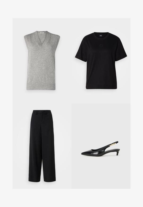 Grau ärmelloser Strickpullover mit V-Ausschnitt, ausgestattet mit einem gerippten Saum und einer weichen Textur, ideal zum Überziehen über verschiedene Outfits.; Schwarzes Baumwoll-T-Shirt mit Rundhalsausschnitt, kurzen Ärmeln und aufgesticktem Logo auf der Brust. Einfacher, lässiger Schnitt ohne Muster.; Schwarze weite Hosen aus glattem Stoff, mit einem flachen Frontdesign, gefältelten Details und Gürtelschlaufen am Bündchen.; Schwarze Leder-Slingback-Pumps mit spitzem Schuhblatt, ausgestattet mit einem schlanken Absatz und einem goldfarbigen Akzent am verstellbaren Riemen. Glatte Textur.