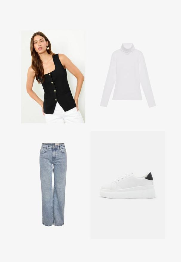 Crna majica bez rukava, s četvrtastim izrezom, ukrašena zlatnim dugmadi i dva prednja džepa; teksturirana tkanina; u kombinaciji s bijelim hlačama.; Bijela majica dugih rukava s rolificom izrađena od glatkog, rastezljivog materijala. Ima visoki ovratnik i uski kroj, bez vidljivih uzoraka ili ukrasa.; Svijetloplave široke traperice napravljene od denima, s visokim strukom, dizajnom od pet džepova i suptilnim izbljeđivanjem za izgled nošenih traperica.; Bijele platforme tenisice napravljene od glatkog sintetičkog materijala, s okruglim vrhom, dizajnom s vezanjem i teksturiranom gumenom potplatom. Crni detalj na peti.