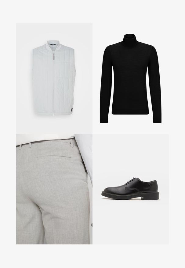 Světle šedá bez rukávů vesta s prošívanou strukturou, předním zipem a malou náprsní kapsou. Má stojáček a voděodolnou tkaninu.; Černý rolák vyrobený z měkkého materiálu, s dlouhými rukávy a těsným střihem. Hladký lem na spodním okraji a manžetách. Jednoduchý design.; Světlounce šedé kalhoty na míru z texturované látky, s jednou zadní kapsou a čistým prošitím.; Černé kožené šněrovací boty s kulatou špičkou, hladkým povrchem, minimálním prošíváním a nízkým gumovým podpatkem. Logo na patě.