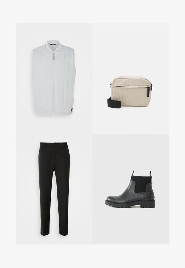 Világosszürke ujjatlan mellény, steppelt textúrával, cipzáras elülső részel és egy kis mellzsebbel. Álló gallérral és vízálló anyaggal rendelkezik.; Fekete polo póló sima pamutból készült. Két gombos gallérral, rövid ujjal és diszkrét logóval rendelkezik a mellkasán.; Fekete nadrág sima szövetből, egyenes lábakkal, gombos záródással és klasszikus designnal, amely alkalmas formális vagy hétköznapi viseletre.; Fekete, matt felületű, gumiból készült bokacsizmák, amelyek letisztult dizájnnal, rugalmas panelekével és vastag talppal rendelkeznek a tapadás érdekében.; Krém színű kordbársony crossbody táska fekete cipzárral, levehető vállpánttal és texturált mintával. Egy fő rekesszel és egy elülső zsebbel rendelkezik.