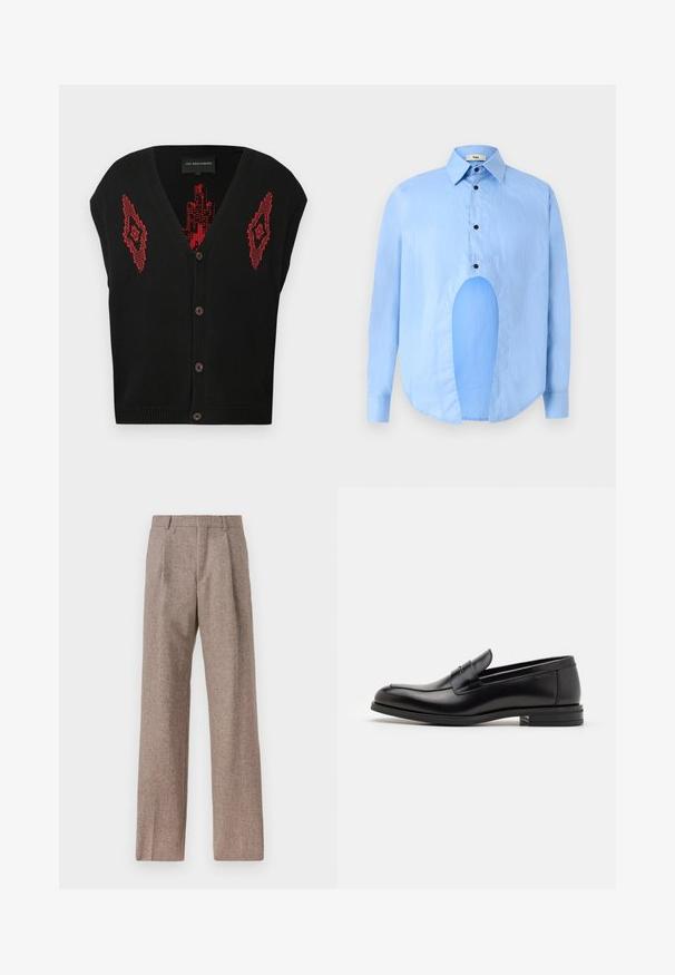 Fekete, ujjatlan kötött mellény, piros geometriai mintákkal az elején és barna gombokkal középen.; Világoskék, hosszú ujjú ing, hegyes gallérral, fekete gombokkal, és egyedi kivágással elöl, amely különleges dizájnt kölcsönöz.; Barna, magas derekú nadrág texturált anyagból. Széles szárai és két elülső redője biztosítja a struktúrát. Ízléses kivitel, látható fémszerelés nélkül.; Fekete bőr loaferek sima textúrával, kerek orral és dekoratív pánttal a vampnál. Alacsony, rétegelt sarkú, minimalista dizájn.