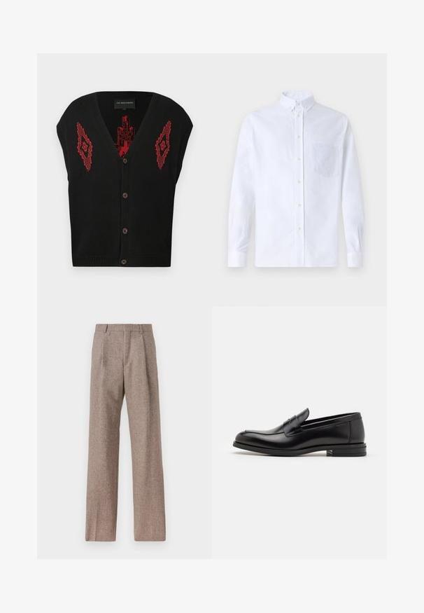 Fekete, ujjatlan kötött mellény, piros geometriai mintákkal az elején és barna gombokkal középen.; Fehér, hosszú ujjú, gombos ing pamutból, mellzsebbel, tónusos hímzéssel, gallérral és gombos mandzsettával.; Barna, magas derekú nadrág texturált anyagból. Széles szárai és két elülső redője biztosítja a struktúrát. Ízléses kivitel, látható fémszerelés nélkül.; Fekete bőr loaferek sima textúrával, kerek orral és dekoratív pánttal a vampnál. Alacsony, rétegelt sarkú, minimalista dizájn.