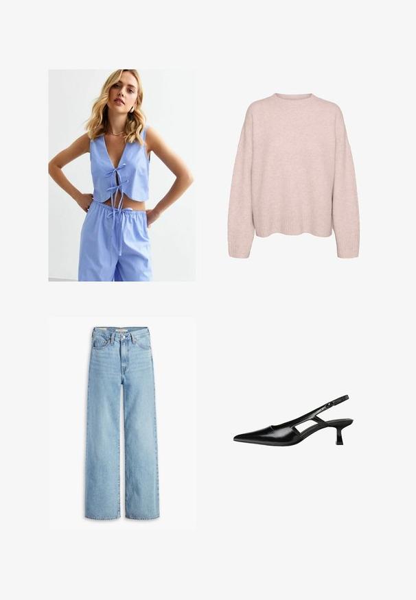 Light blue striped two-piece set featuring a cropped top with a deep V-neck, tie closures, and loose-fitting pants with an elastic waistband.; Light pink, long-sleeve knit sweater with ribbed cuffs, hem, and a round crew neckline, displayed against a white background.; High-waisted, light blue wide-leg jeans with front button and zipper, belt loops, and five-pocket styling.; Black patent leather slingback heels with a pointed toe, cut-out side design, and a small square heel. Smooth texture with minimal accents.