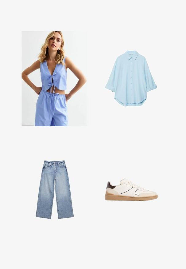 Lichtblauw gestreept tweedelig set bestaande uit een cropped top met een diepe V-hals, striksluitingen en losse broek met een elastische tailleband.; Lichtblauw shirt van een zachte stof, met een klassieke kraag, knoopsluiting aan de voorkant en opgerolde mouwen voor een ontspannen pasvorm.; Lichtblauwe wijde jeans van denim, met een hoge taille, vijf zakken en subtiele vervaging, afgewerkt met ruwe zomen.; Stradivarius Sneakers laag - white