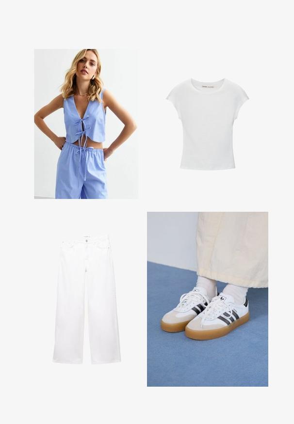 Jasnoniebieski, pasiaste dwa-elementowy zestaw, zawierający krótką bluzkę z głębokim dekoltem w kształcie litery V, z wiązaniami oraz luźne spodnie z elastyczną talią.; Biała bawełniana koszulka z okrągłym dekoltem, rękawami typu cap i dopasowanym krojem. Gładka faktura, bez wzorów i ozdób.; Białe dżinsy o szerokich nogawkach, wykonane z denimu o gładkiej strukturze. Posiadają zapięcie na guzik i zamek błyskawiczny oraz dwie przednie i dwie tylne kieszenie.; Białe sneakersy z czarnymi paskami i beżowymi zamszowymi akcentami. Posiadają teksturowaną gumową podeszwę i płaskie białe sznurowadła, noszone z jasnymi skarpetami.