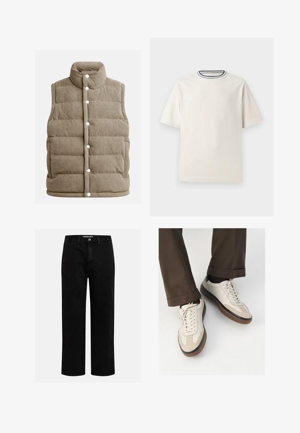 Beige Kordwesten, gestepptes Design, hoher Kragen, Druckknöpfe, mit Seitentaschen und vertikaler Rippstruktur.; Cremefarbendes Baumwoll-T-Shirt mit kurzen Ärmeln, das über einen runden Halsauschnitt mit navy- und weißen Streifen verfügt. Glatte Textur, lässige Passform.; Schwarze Jeanshose mit geradem Schnitt, klassischem Fünf-Taschen-Design und einem Knopfverschluss an der Taille. Glatte Textur und strapazierfähiger Stoff.; Beige Sneakers mit einer strukturierten Wildlederfront, glatten Lederseiten und einer braunen Gummisohle. Bändel und helle Nähdetails sind enthalten.