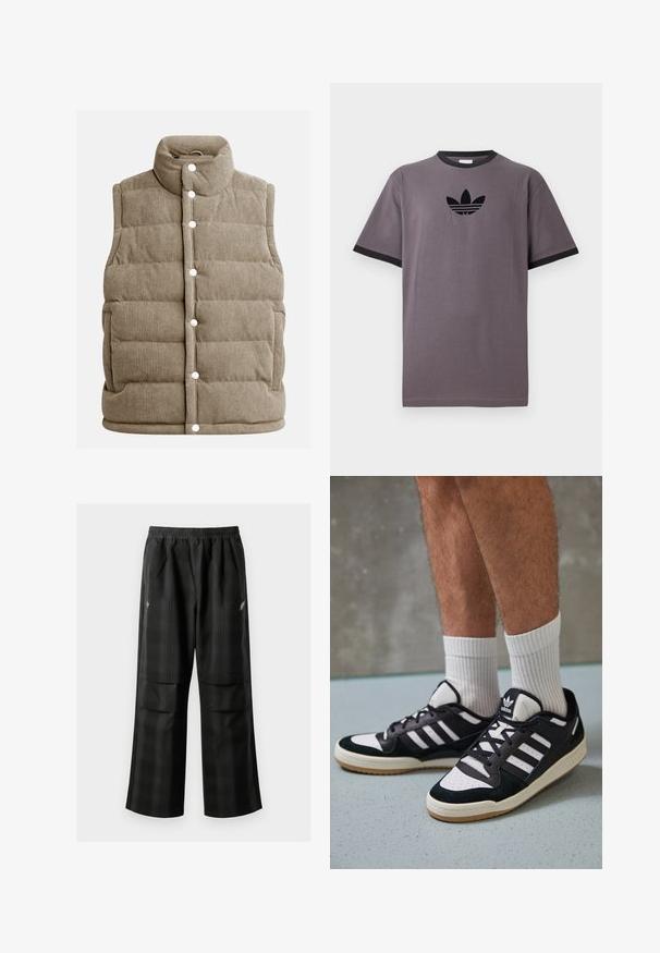 Μπεζ κοντούρι γιλέκο, με ραφή τύπου ραβδωτού σχεδίου, ψηλό γιακά, κουμπιά με κλιπ, με πλαϊνές τσέπες και κάθετη ραβδωτή υφή.; Γκρι μπλούζα από βαμβάκι με μαύρο ριμπ κολάρο και κοντά μανίκια, με το μαύρο λογότυπο της Adidas στο στήθος.; Μαύρο καρό παντελόνι με ελαστική μέση, δύο μπροστινές τσέπες και χαλαρή εφαρμογή με ευθεία γραμμή. Φτιαγμένο από ελαφρύ υλικό.; Μαύρα και λευκά αθλητικά παπούτσια με άνω μέρος από σουέτ και δέρμα, featuring τρεις λευκές ρίγες, περατά δάχτυλα και σόλα από καουτσούκ τύπου γκαστ.