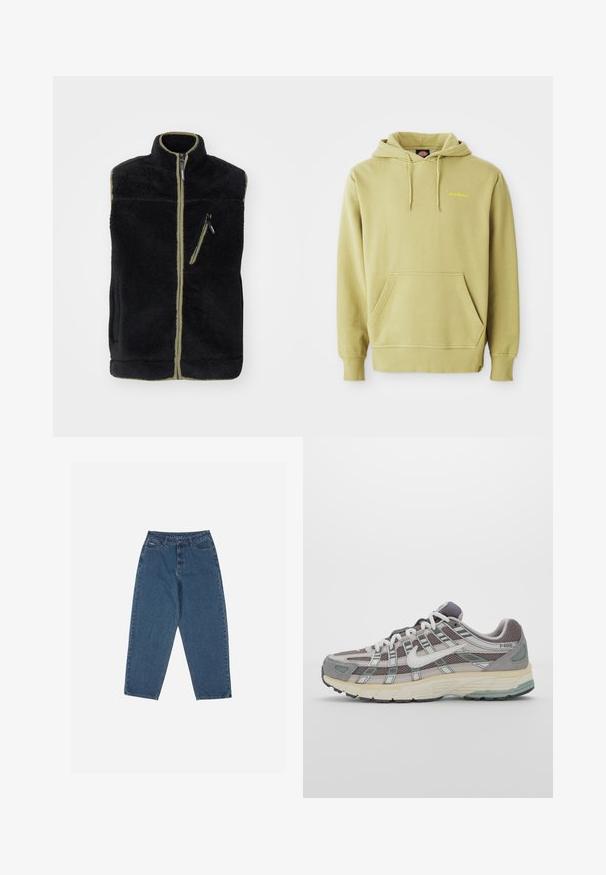 Black fleece vest with a high collar, olive green accents, front zipper, and a left chest pocket with a zipper. Soft, textured fabric.; Light green pullover hoodie with kangaroo pocket, drawstrings, ribbed cuffs, and small yellow "Dickies" logo on the chest.; Blue denim jeans with a relaxed fit, high waist, five-pocket design, and stitching accents. Features a button and zipper closure.; Gray athletic shoe featuring a mesh and suede upper, white accents, a cushioned sole, and a distinctive design with reflective elements.