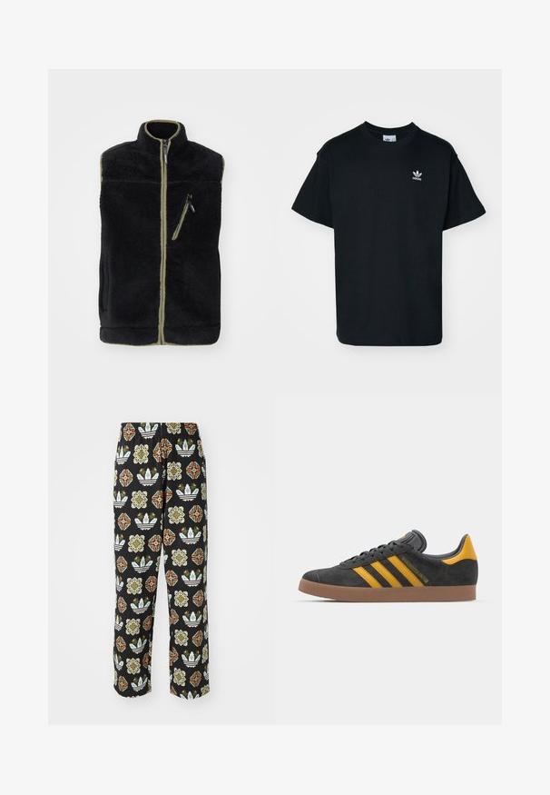 Sort fleece vest med høj krave, olivengrønne accenter, frontlynlås og en venstre brystlomme med lynlås. Blødt, struktureret stof.; Sorte bomulds T-shirt med rund hals og korte ærmer, prydet med et lille hvidt Adidas-logo på venstre brystområde.; Sorte bukser med et indviklet mønster af forskellige former, herunder blomsterdesigns og striber i orange, grøn og hvid.; Sort suedet sneaker med gule accenter, der har tre striber og en brun gummisål. Inkluderer en polstret tunge for komfort.