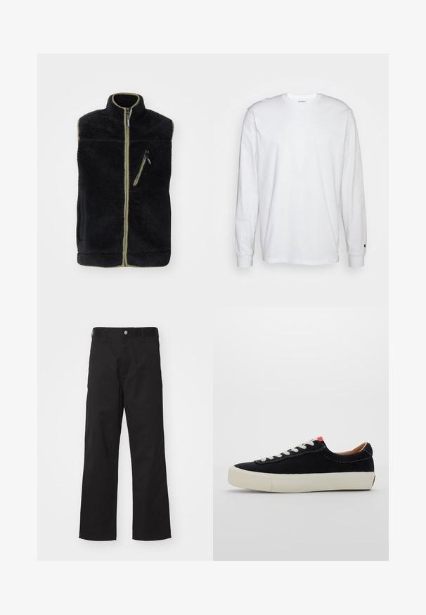 Črn flis brezrokavnik z visokim ovratnikom, olivno zelenimi poudarki, sprednjim zadrgo in žepom na levi strani prsi z zadrgo. Mehak, teksturiran material.; Bela dolgimi rokavi majica iz bombaža. Oblika s krožnim izrezom z rebrastimi manšetami in majhnim logotipom na levi rokavu. Gladka tekstura.; Črne hlače iz trpežne tkanine s ravnim krojem, opremljene z zunanjim gumbom, zankami za pas in brez vidnih vzorcev ali dodatkov.; Črni platneni športni copat z belimi vezalkami, bež gumijastim podplatom in rdečim poudarkom na peti. Okrogla konica in minimalni detajli šivanja.