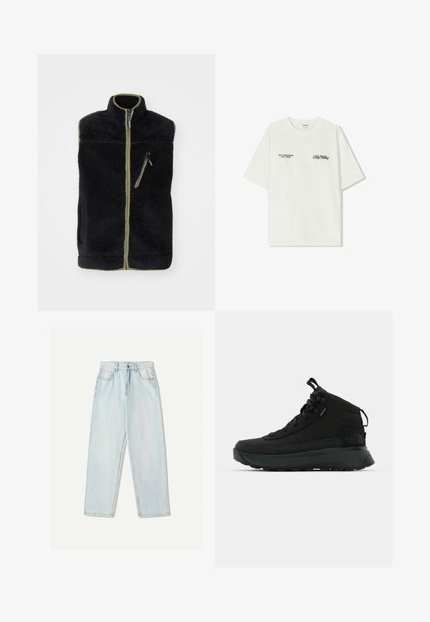 Sort fleece vest med høj krave, olivengrønne accenter, frontlynlås og en venstre brystlomme med lynlås. Blødt, struktureret stof.; Hvid bomulds t-shirt med korte ærmer. Forsiden har sort tekst: "IKKE I MORGEN IKKE I DAG" og "KUNSTEN AT FLYTTE DIRT" i grøn skrift.; Lys blå denim jeans med en afslappet pasform, lige ben design, fem-lomme stil og subtil falmning på stoffet.; Sorte mid-cut vandresko med en tekstureret overdel i stof, forstærket tåkappe, sikker snøresystem og en polstret sål for godt greb.