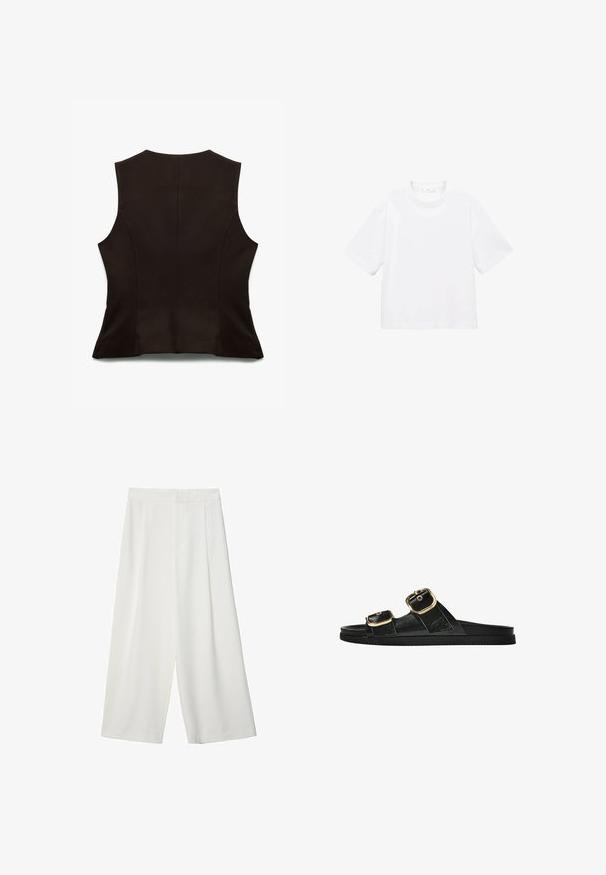 Schwarzes, ärmelloses Oberteil mit einer figurschmeichelnden Passform, das eine glatte Textur und dezente Nähte aufweist. Die Rückansicht hebt den minimalistischen Stil hervor.; Weißes Baumwoll-T-Shirt mit kurzen Ärmeln und rundem Ausschnitt. Einfaches Design, lockere Passform, glatte Textur. Keine Muster oder Verzierungen sichtbar.; Weiße, weite, knöchellange Hosen mit glatter Textur, flachem Vorderteil und ohne sichtbare Verschlüsse oder Taschen.; Schwarze Riemensandale mit zwei goldenen Schnallendetails, glattem Material, flachem Sohlen und minimalistischer Gestaltung.