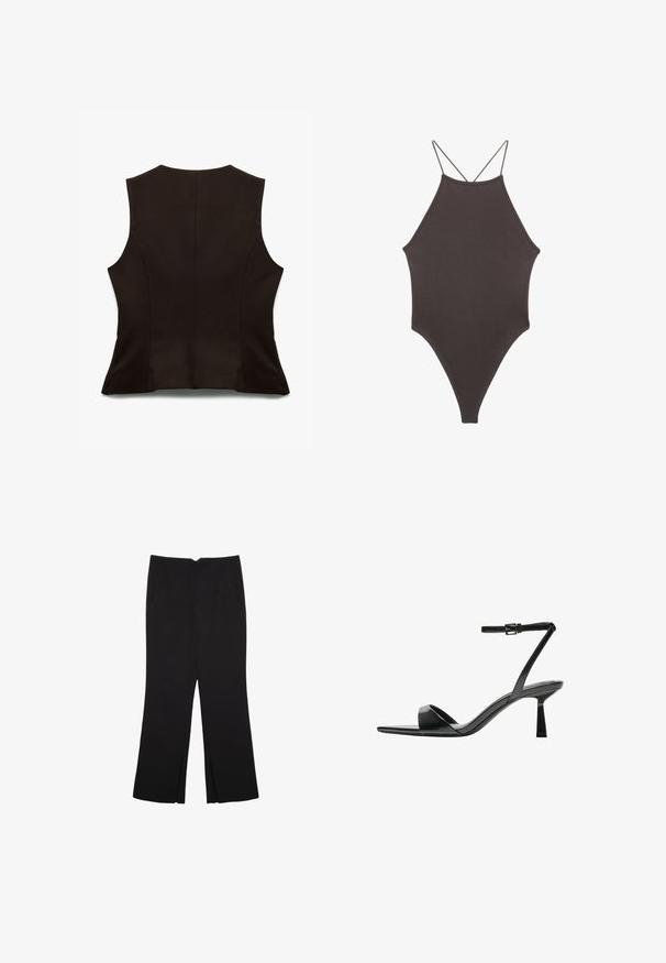 Zwarte mouwloze top met een strakke pasvorm, met een gladde textuur en subtiele naden. De achteraanzicht benadrukt een minimalistische stijl.; Bruine, hoge hals ééndelige zwempak met dunne, verstelbare schouderbandjes; beschikt over een hoge beenuitsnijding en een gladde textuur. Geen patronen of versieringen.; Zwarte broek met een rechte pasvorm, voorzien van zijzakken en plooien aan de onderzijde. Gemaakt van zachte, gladde stof. Geschikt voor verschillende gelegenheden.; Bershka Sandalen met hoge hak - black
