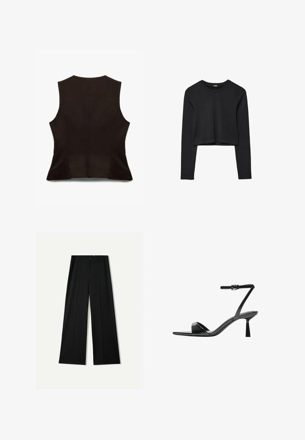 Sort ærmeløs top med en tætsiddende design, der har en glat tekstur og subtile sømme. Bagfra fremhæves den minimalistiske stil.; Sort langærmet cropped top med rund halsudskæring, ensfarvet design og let buet kant.; Bershka WIDE - Bukser - black; Bershka Højhælede sandaletter / Højhælede sandaler - black