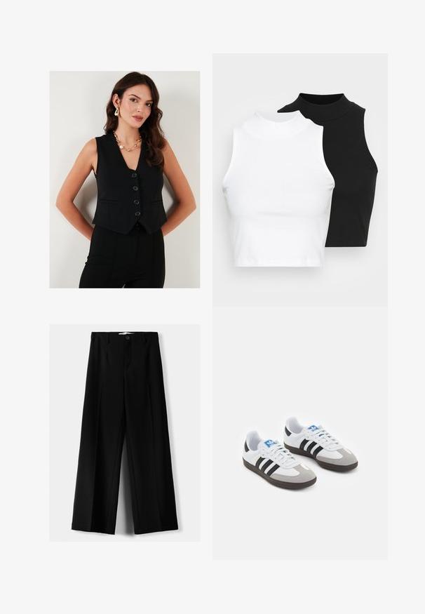 Črn brezrokavnik z V-izrezom, opremljen s črnimi gumbi, dvema sprednjima žepoma in teksturirano tkanino. Nosi se čez črne hlače.; Dva brezrokavniki z rebrasto turtleneck gorami v črni in beli barvi, z oblikovanim dizajnom in gladko teksturo, v skrajšani dolžini.; Črne široke hlače iz lahkega materiala, z zapiranjem na gumb spredaj in ravnim sprednjim delom, s skrbno zašiti robovi.; Športni čevlji z belim usnjenim zgornjim delom, sivim semišem na prstih in tremi črnimi črtami. Imajo modro logo na jeziku in teksturiran gumijast podplat.