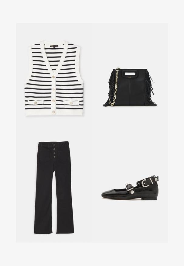 Juostuotas be rankovių liemenė baltos ir juodos spalvos, su V formos iškirpte, penkiais mygtukais ir dviem priekinėmis kišenėmis su dekoratyviniais mygtukais. Faktūrinis apdaila.; Jūrinis furtaškas su ilgomis rankovėmis, apvalia iškirpte, sidabro mygtuko uždarymu ir dviem krūtinės kišenėmis, aptrauktomis baltų siūlų siūlėmis.; Jūros mėlynos spalvos šonkaityta polo marškinėliai su smailiu apykakle, trumpomis rankovėmis ir dviem priekinėmis kišenėmis su šonu užsegamais mygtukais; išryškinti baltais siūlų akcentais.; Juodi džinsai su plačiais klešniais, aukštu liemeniu, penkių kišenių dizainu ir priekiniais užtrauktukais, kuriuose yra keturi metaliniai mygtukai.; Juodas lakinės odos plokščias batelis su kvadratiniu pirštu, kulkšnies dirželiu su sidabro detalėmis ir plokščiu padu. Sklandus paviršius su minimalistišku dizainu.; Juodas odinis rankų darbo rankinys su frinzuotomis detalėmis, auksine grandinės petneša ir išpjauto dizaino rankena. Pirmoje pusėje yra logotipo vieta.