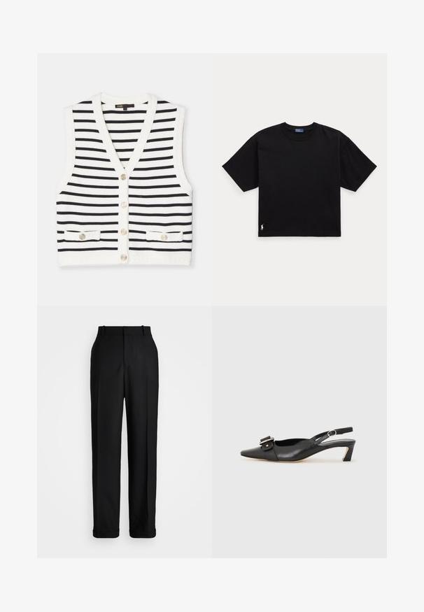 Vest fără mâneci, cu dungi în alb și negru, având o guler în V, cinci butoane și două buzunare frontale cu butoane decorative. Marginile texturate.; Tricou din bumbac negru, cu mâneci scurte, guler rotund și un mic logo alb în colțul din stânga jos. Croială clasică, pătrată, cu detalii minime.; Polo Ralph Lauren HIGH RISE RELAXED STRAIGHT TROUSER - Pantaloni - black; Pantofii negri din piele cu toc mic, vârf ascuțit și detaliu decorativ cu cataramă pe partea superioară. Textură netedă, design minimal.