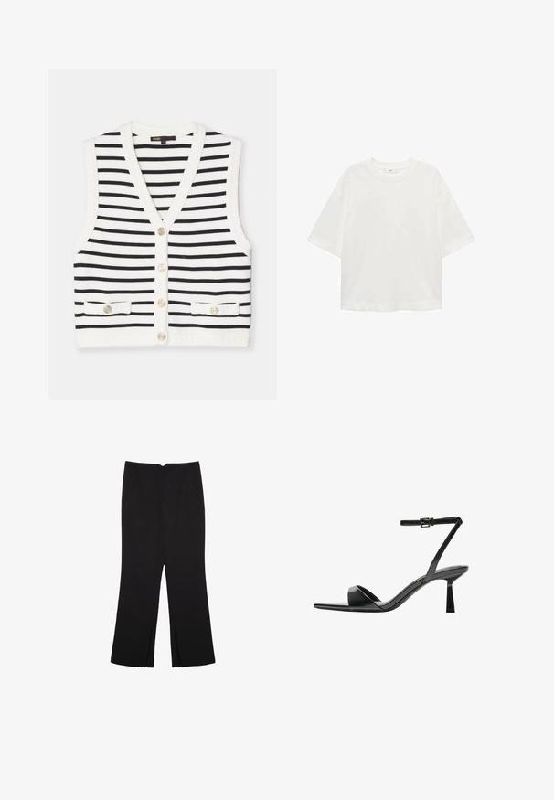 Gilet senza maniche a righe bianche e nere, con scollo a V, cinque bottoni e due tasche frontali con bottoni decorativi. Bordo testurizzato.; T-shirt bianco a maniche corte con scollo rotondo, vestibilità comoda, realizzato in un tessuto morbido. Senza fantasie o dettagli, con orlo standard.; Pantaloni neri a gamba dritta, con tasche frontali e spacchi laterali all'orlo. Realizzati in tessuto morbido e liscio. Adatti a diverse occasioni.; Bershka Sandali con tacco - black