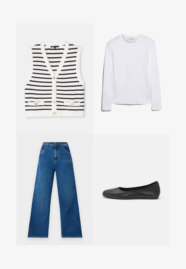 Juostuotas be rankovių liemenė baltos ir juodos spalvos, su V formos iškirpte, penkiais mygtukais ir dviem priekinėmis kišenėmis su dekoratyviniais mygtukais. Faktūrinis apdaila.; Balta ilga rankovė T-marškiniai, pagaminti iš dryžuoto medvilnės, su apvaliu kaklu ir tiesia apatine dalimi. Paprastas dizainas be raštų ar akcentų.; Tamsiai mėlynos džinsinės kelnes su plačiomis kojomis ir aukštu liemeniu, su priekinėmis ir galinėmis kišenėmis, taip pat su kontrastingomis siūlėmis.; Juodai odiniai baletai su apvaliu pirštu, lygi texture, minimalus siuvimo detales ir lanksčiu padų dizainu.