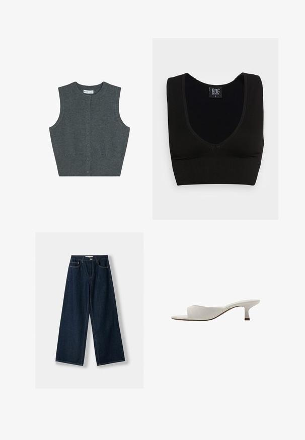 Sivi bezrukavni kardigan od pletene tkanine, s okruglim izrezom, prednjim zatvaranjem na gumbe i rebrastim rubom.; Crna rebrasta kratka majica s širokim naramenicama i dubokim V-izrezom. Oznaka nosi natpis "BDG," veličina mala, s glatkom teksturom i prilagođenim dizajnom.; Tamno plave, široke traperice napravljene od denima. Imaju pet džepova, kopčanje na dugme i patent zatvarač, te detalje s kontrastnim šavovima.; Bijele otvorene mule s zakrivljenim dizajnom, niskom petom, glatkom teksturom i suptilnim šavnim uzorkom. Smeđi naglasak na bazi pete.