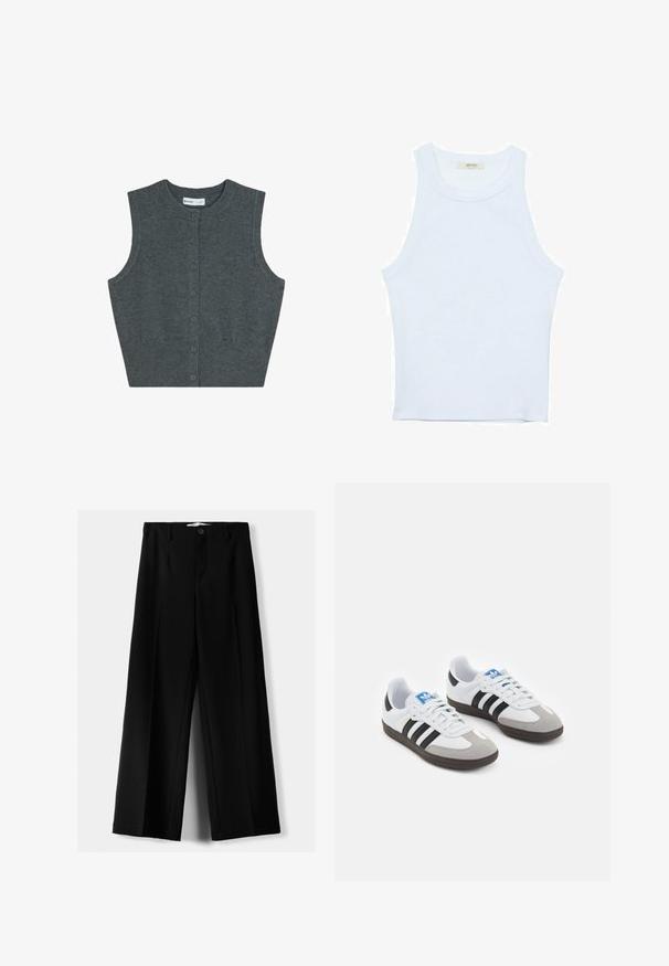 Graue ärmellose Strickjacke aus gestricktem Material, mit runder Ausschnittöffnung, Knopfverschluss vorne und geripptem Saum.; Weißes Tanktop, gerippte Textur, runder Ausschnitt, ärmelloses Design, enganliegende Form, dezente Markenkennzeichnung im Etikett im Kragenbereich.; Schwarze weite Hosen aus leichtem Stoff, mit einem Knopfverschluss vorne und flachem Bund, mit sorgfältig genähten Säumen.; Sportschuhe mit einem Obermaterial aus weißem Leder, grauer Wildleder-Zehenkappe und drei schwarzen Streifen. Sie verfügen über ein blaues Logo auf der Zunge und eine strukturierte Gummisohle.